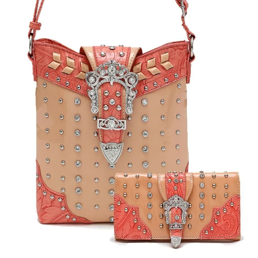 Western Coral Western Buckle W/Stone Messenger Bag Set